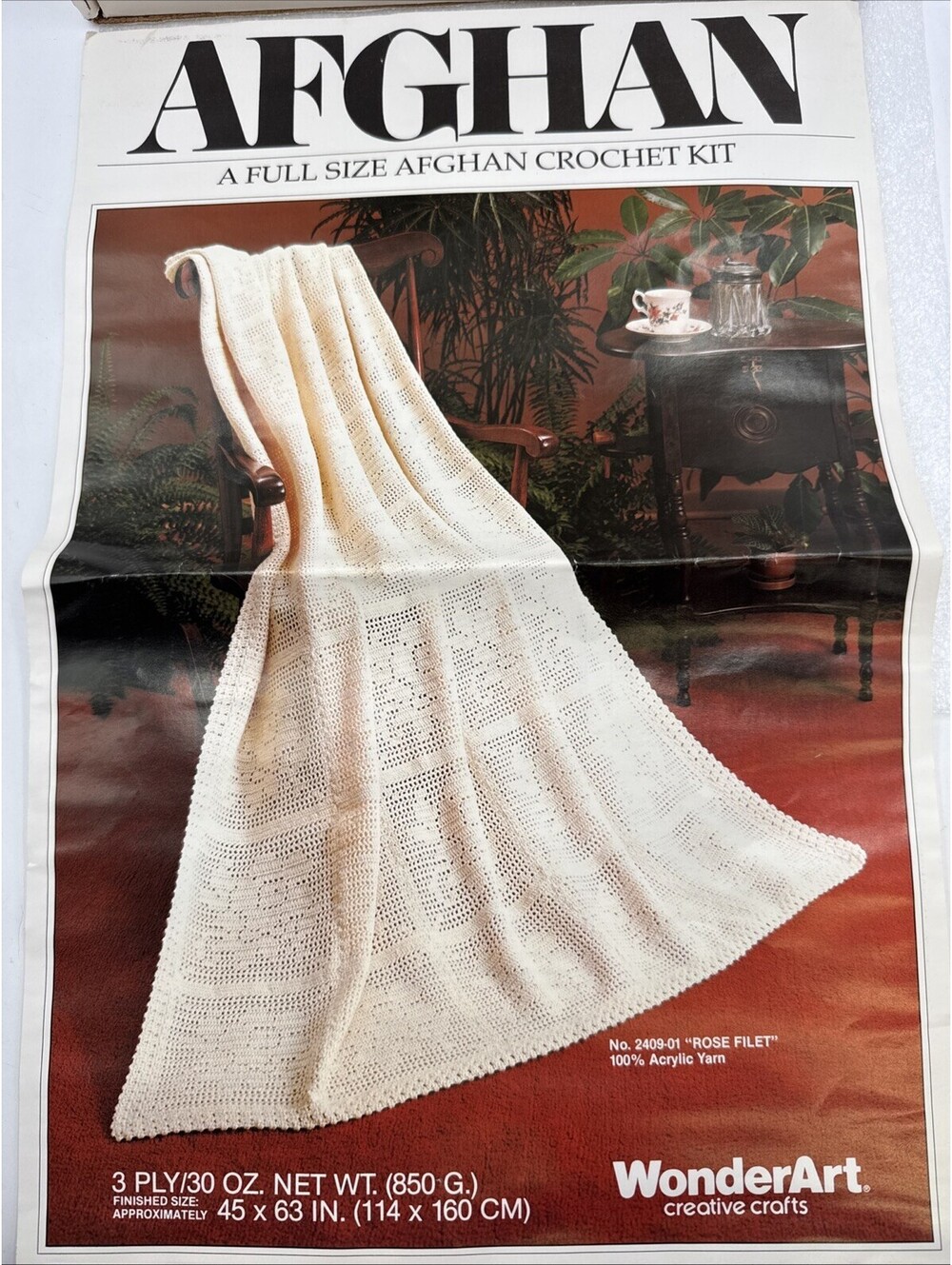 Wonderart Crochet Vintage Blanket Afghan Rose Filet 45x63” Off-white Acrylic New